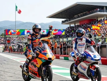 Momen selebrasi pembalap Moto3 saat melintasi garis finis di Sirkuit Mugello, Italia. Jalannya balapan Moto3 Mugello 2026 berlangsung penuh drama hingga tikungan terakhir akibat aksi saling salip yang agresif. (Foto: Dok. Istimewa/Ilustrasi Media)