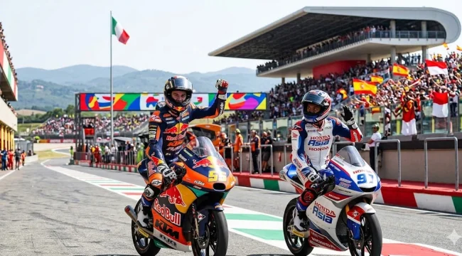 Momen selebrasi pembalap Moto3 saat melintasi garis finis di Sirkuit Mugello, Italia. Jalannya balapan Moto3 Mugello 2026 berlangsung penuh drama hingga tikungan terakhir akibat aksi saling salip yang agresif. (Foto: Dok. Istimewa/Ilustrasi Media)