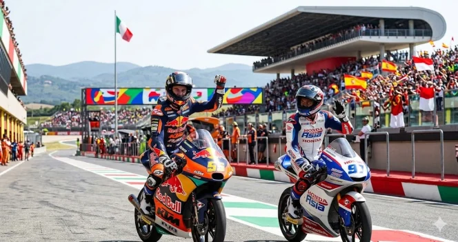 
					Momen selebrasi pembalap Moto3 saat melintasi garis finis di Sirkuit Mugello, Italia. Jalannya balapan Moto3 Mugello 2026 berlangsung penuh drama hingga tikungan terakhir akibat aksi saling salip yang agresif. (Foto: Dok. Istimewa/Ilustrasi Media)