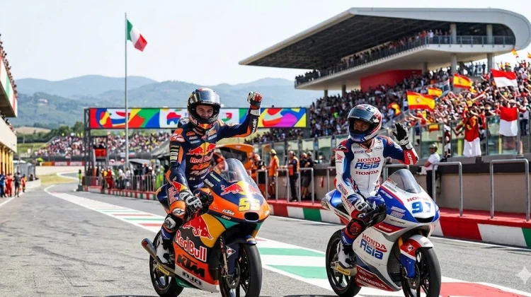 Momen selebrasi pembalap Moto3 saat melintasi garis finis di Sirkuit Mugello, Italia. Jalannya balapan Moto3 Mugello 2026 berlangsung penuh drama hingga tikungan terakhir akibat aksi saling salip yang agresif. (Foto: Dok. Istimewa/Ilustrasi Media)