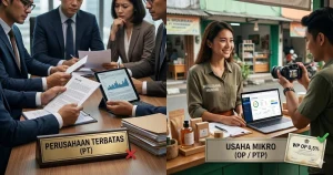 Perbandingan infografis visual antara situasi rapat formal direksi perusahaan besar (PT) yang diberi tanda silang merah dengan suasana ceria pelaku usaha mikro mandiri (UMK) yang sedang membuat konten video dan memegang sertifikat WP OP 0,5% dengan tanda centang hijau. (Foto: Dok. Istimewa/Ilustrasi Media)