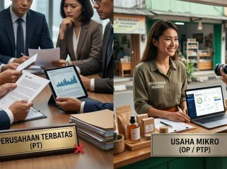 Perbandingan infografis visual antara situasi rapat formal direksi perusahaan besar (PT) yang diberi tanda silang merah dengan suasana ceria pelaku usaha mikro mandiri (UMK) yang sedang membuat konten video dan memegang sertifikat WP OP 0,5% dengan tanda centang hijau. (Foto: Dok. Istimewa/Ilustrasi Media)
