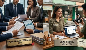Perbandingan infografis visual antara situasi rapat formal direksi perusahaan besar (PT) yang diberi tanda silang merah dengan suasana ceria pelaku usaha mikro mandiri (UMK) yang sedang membuat konten video dan memegang sertifikat WP OP 0,5% dengan tanda centang hijau.