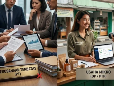 Perbandingan infografis visual antara situasi rapat formal direksi perusahaan besar (PT) yang diberi tanda silang merah dengan suasana ceria pelaku usaha mikro mandiri (UMK) yang sedang membuat konten video dan memegang sertifikat WP OP 0,5% dengan tanda centang hijau. (Foto: Dok. Istimewa/Ilustrasi Media)