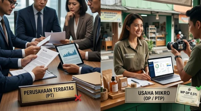 Perbandingan infografis visual antara situasi rapat formal direksi perusahaan besar (PT) yang diberi tanda silang merah dengan suasana ceria pelaku usaha mikro mandiri (UMK) yang sedang membuat konten video dan memegang sertifikat WP OP 0,5% dengan tanda centang hijau. (Foto: Dok. Istimewa/Ilustrasi Media)