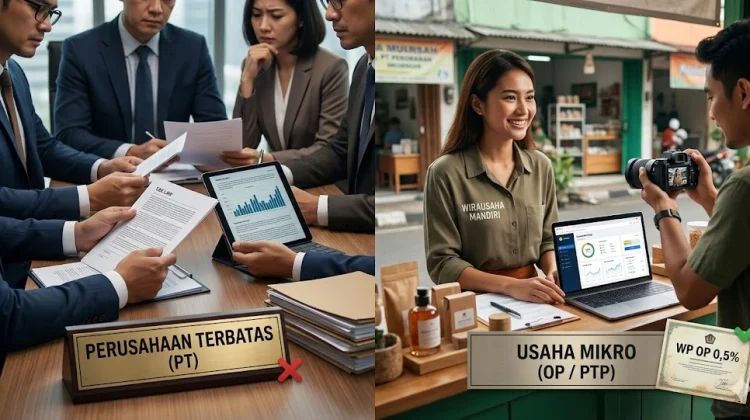 Perbandingan infografis visual antara situasi rapat formal direksi perusahaan besar (PT) yang diberi tanda silang merah dengan suasana ceria pelaku usaha mikro mandiri (UMK) yang sedang membuat konten video dan memegang sertifikat WP OP 0,5% dengan tanda centang hijau. (Foto: Dok. Istimewa/Ilustrasi Media)