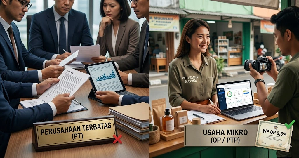 Perbandingan infografis visual antara situasi rapat formal direksi perusahaan besar (PT) yang diberi tanda silang merah dengan suasana ceria pelaku usaha mikro mandiri (UMK) yang sedang membuat konten video dan memegang sertifikat WP OP 0,5% dengan tanda centang hijau.