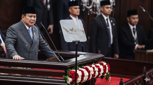Presiden Prabowo Subianto saat menyampaikan pidato resmi mengenai kondisi fiskal negara dan kebijakan ekonomi makro di Ruang Rapat Paripurna, Gedung DPR RI, Senayan, Jakarta. (Foto: Ilustrasi buatan AI 'Gemini AI