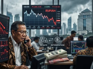 Seorang trader memantau pergerakan nilai tukar Rupiah yang merosot tajam ke level Rp17.865 per Dolar AS di tengah langkah intervensi Bank Indonesia (Foto: Ilustrasi buatan AI 'Gemini AI