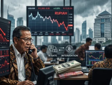 Seorang trader memantau pergerakan nilai tukar Rupiah yang merosot tajam ke level Rp17.865 per Dolar AS di tengah langkah intervensi Bank Indonesia (Foto: Ilustrasi buatan AI 'Gemini AI