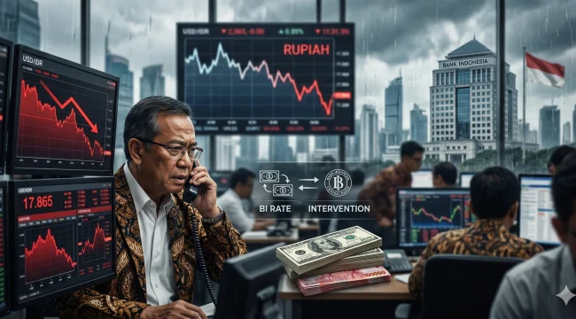 Seorang trader memantau pergerakan nilai tukar Rupiah yang merosot tajam ke level Rp17.865 per Dolar AS di tengah langkah intervensi Bank Indonesia (Foto: Ilustrasi buatan AI 'Gemini AI