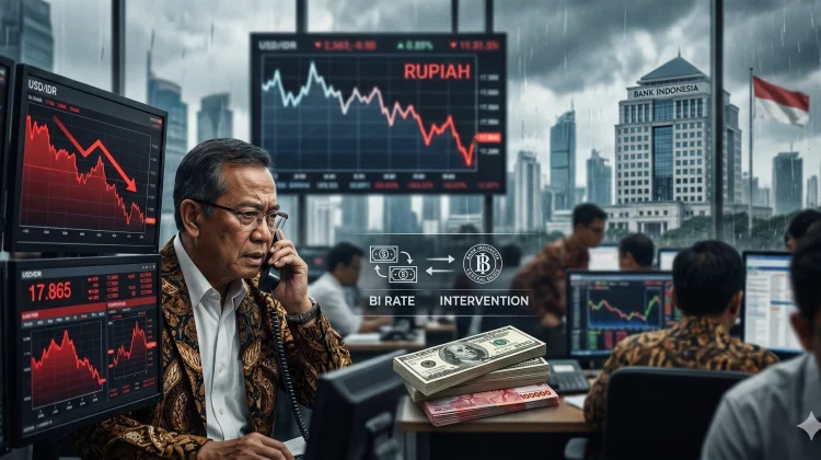 Seorang trader memantau pergerakan nilai tukar Rupiah yang merosot tajam ke level Rp17.865 per Dolar AS di tengah langkah intervensi Bank Indonesia (Foto: Ilustrasi buatan AI 'Gemini AI")