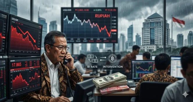 
					Seorang trader memantau pergerakan nilai tukar Rupiah yang merosot tajam ke level Rp17.865 per Dolar AS di tengah langkah intervensi Bank Indonesia (Foto: Ilustrasi buatan AI 'Gemini AI