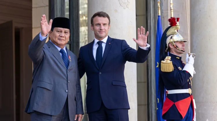 Menteri Pertahanan RI Prabowo Subianto dan Presiden Prancis Emmanuel Macron melambai bersama di depan Istana Élysée selama kunjungan resmi ke Paris. (Foto: instagram.com/kemensetneg.ri)