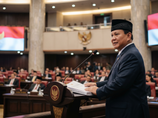Presiden Prabowo Subianto saat menyampaikan pemaparan dalam Rapat Paripurna DPR RI. (Foto: Ilustrasi buatan AI 'Gemini AI