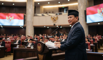 Presiden Prabowo Subianto sedang memberikan pidato di podium Rapat Paripurna DPR RI