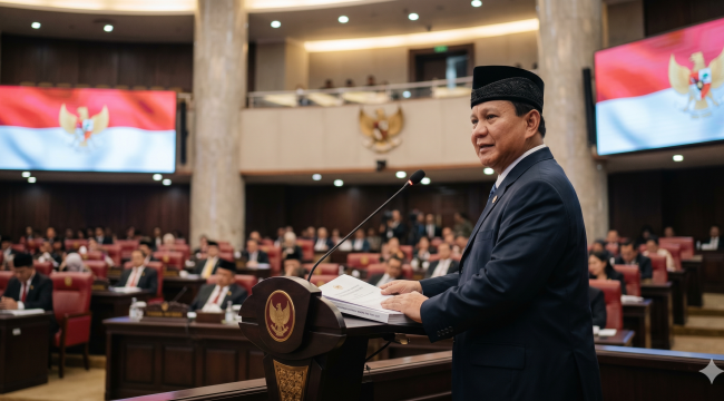 Presiden Prabowo Subianto saat menyampaikan pemaparan dalam Rapat Paripurna DPR RI. (Foto: Ilustrasi buatan AI 'Gemini AI