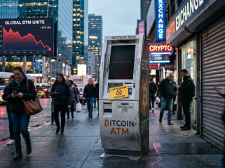 Ilustrasi ATM Bitcoin yang tidak beroperasi di kawasan perkotaan. (Foto: Ilustrasi buatan AI 'Gemini AI