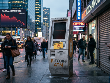 Ilustrasi ATM Bitcoin yang tidak beroperasi di kawasan perkotaan. (Foto: Ilustrasi buatan AI 'Gemini AI