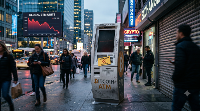 Ilustrasi ATM Bitcoin yang tidak beroperasi di kawasan perkotaan. (Foto: Ilustrasi buatan AI 'Gemini AI