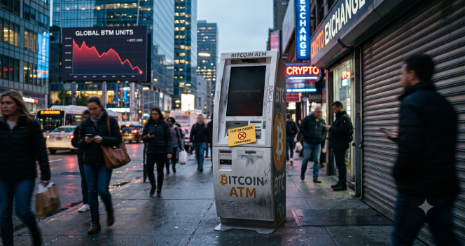 
					Ilustrasi ATM Bitcoin yang tidak beroperasi di kawasan perkotaan. (Foto: Ilustrasi buatan AI 'Gemini AI