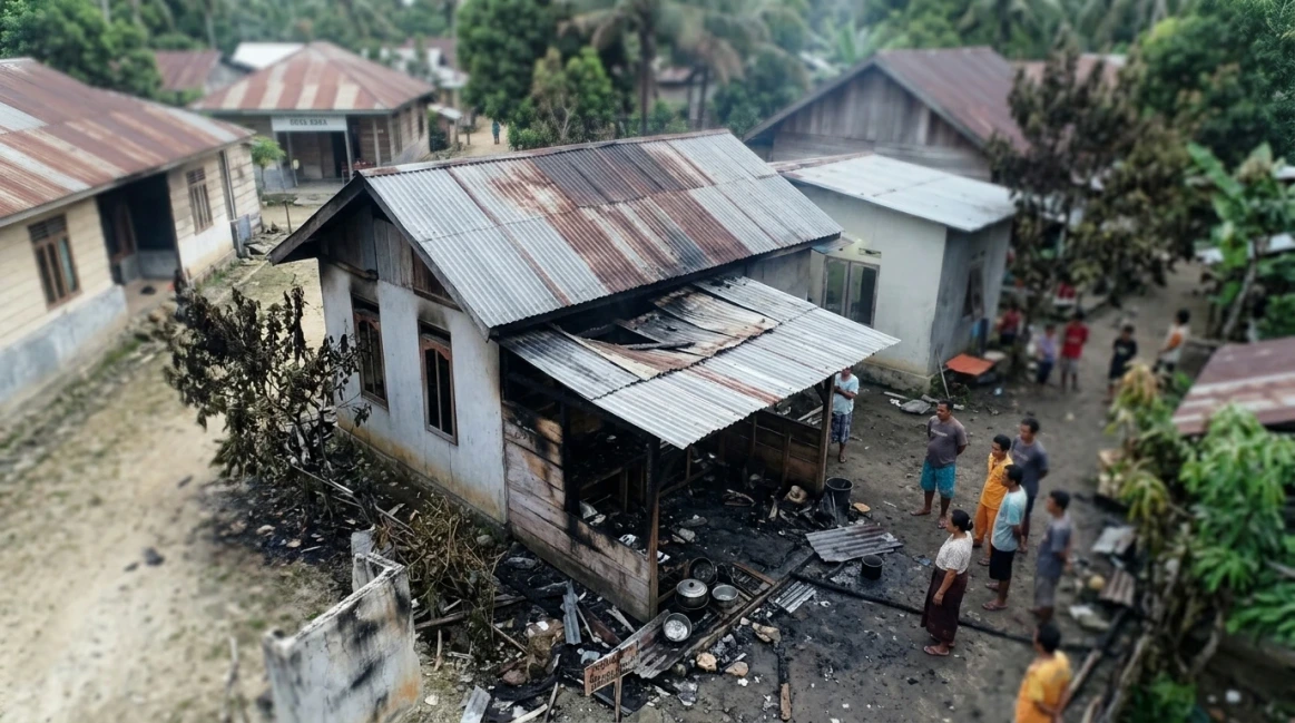 ILUSTRASI: Warga melihat kondisi bagian dapur rumah yang hangus terbakar di Desa Aska, Kecamatan Sinjai Selatan, Kabupaten Sinjai, pascakejadian pada Rabu (14/10/2026) malam. Kebakaran yang dipicu akibat kompor lupa dimatikan tersebut mengakibatkan kerugian material ditaksir mencapai Rp5 juta. (Foto: Ilustrasi Generated by AI)