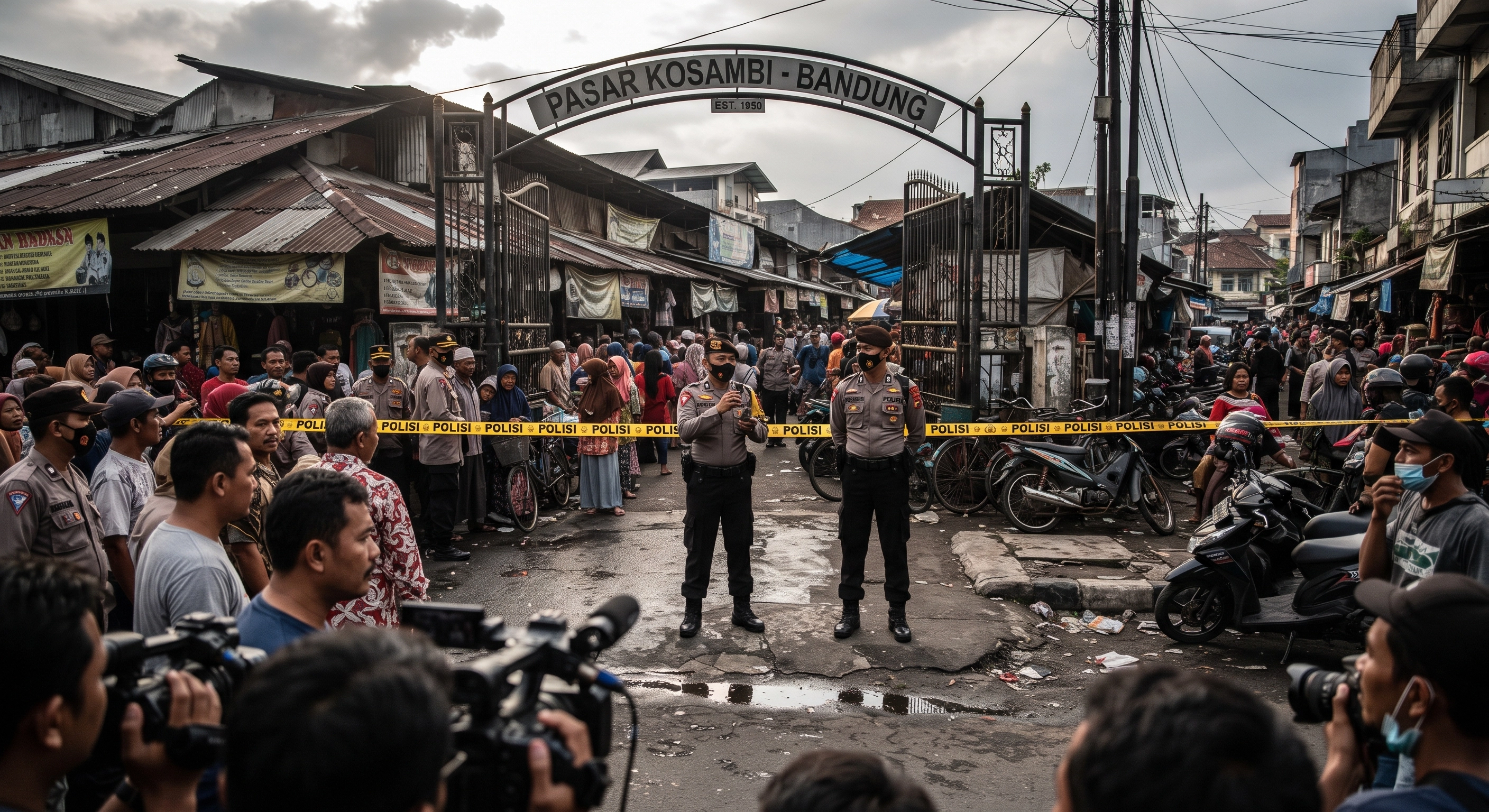 Ilustrasi suasana pengamanan di gerbang pasar tradisional dengan garis polisi. Sumber Gambar:Source: AI Generated / KlikIndex