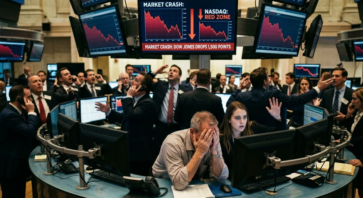 Ilustrasi suasana kepanikan di ruang perdagangan saham (trading floor) saat pasar mengalami kejatuhan drastis (market crash), ditandai dengan layar monitor yang menampilkan grafik tren penurunan tajam berwarna merah. (Ilustrasi: Dok. Redaksi / AI-Generated)