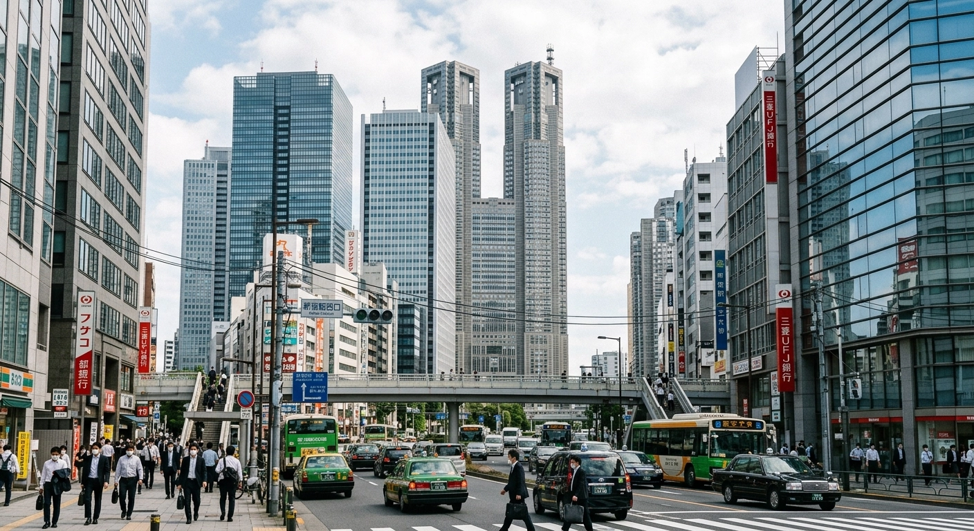 Pemandangan kawasan bisnis dan lalu lintas di Tokyo, Jepang. Pertumbuhan ekonomi Jepang diproyeksikan melambat ke angka 0,7 persen, sementara Bank of Japan (BOJ) diperkirakan tetap melanjutkan penyesuaian suku bunga acuan. (Foto / SC: Ilustrasi / Generatif AI (Klikindex.com))
