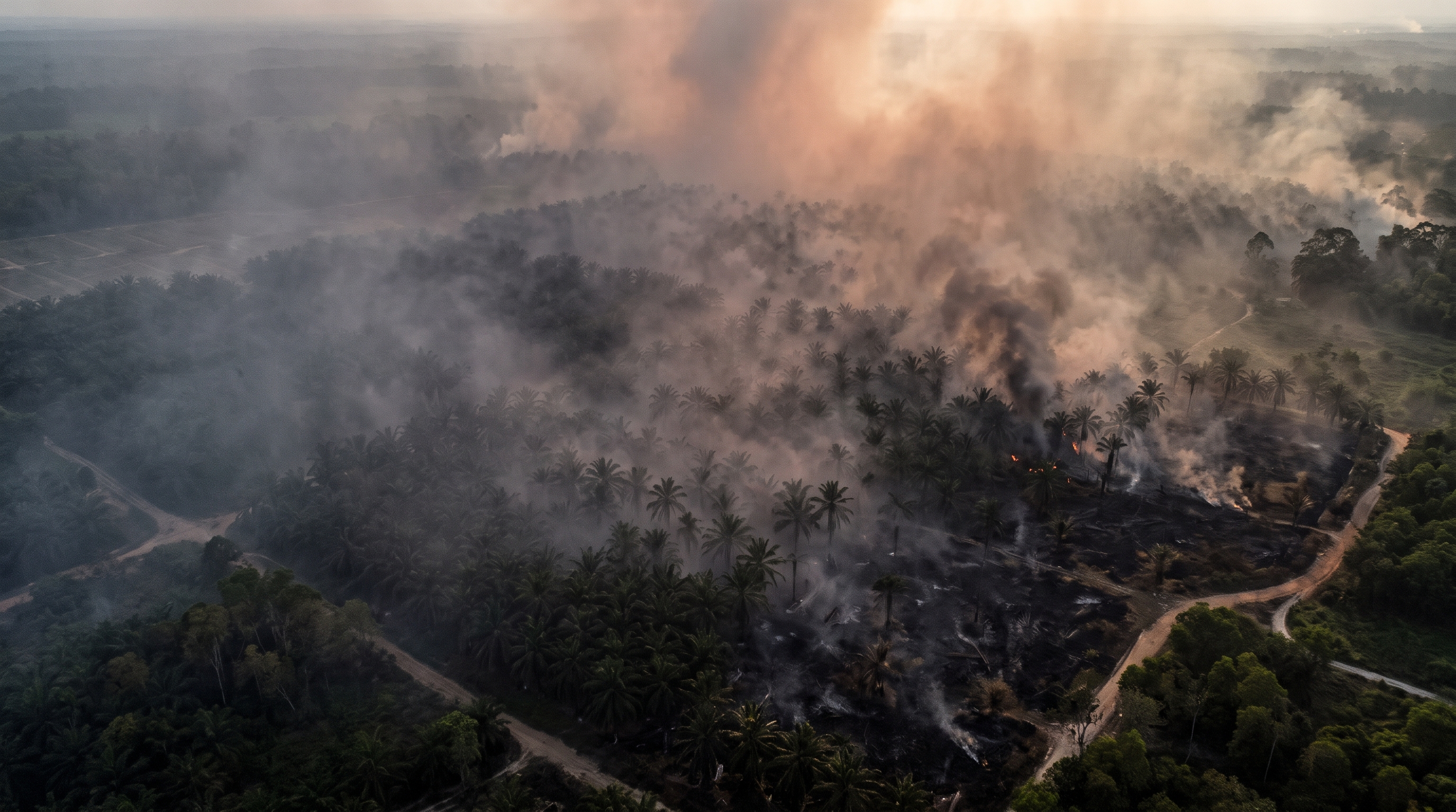 Potret asap tebal akibat kebakaran hutan dan lahan (karhutla) yang menyelimuti kawasan perkebunan kelapa sawit.