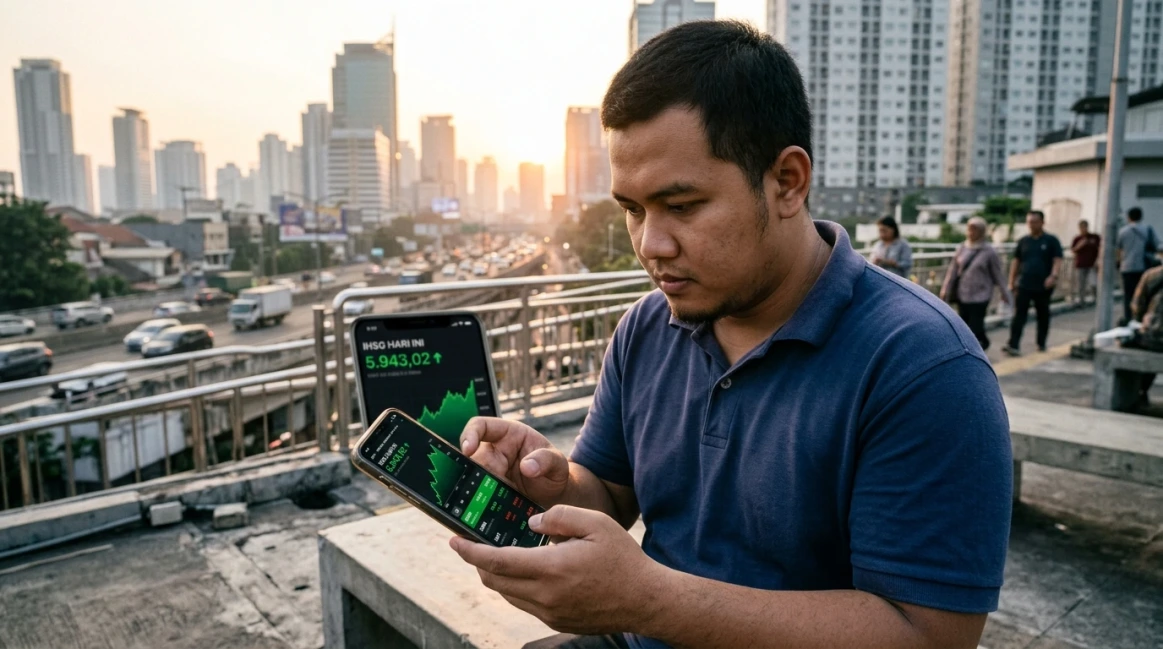 IHSG menunjukkan tren positif dengan menguat ke level 5.943 dan diproyeksikan akan menguji level psikologis 6.000 pada perdagangan hari ini. Pergerakan indeks didukung oleh penguatan di sektor teknologi dan energi. (Ilustrasi / KlikIndex.com)