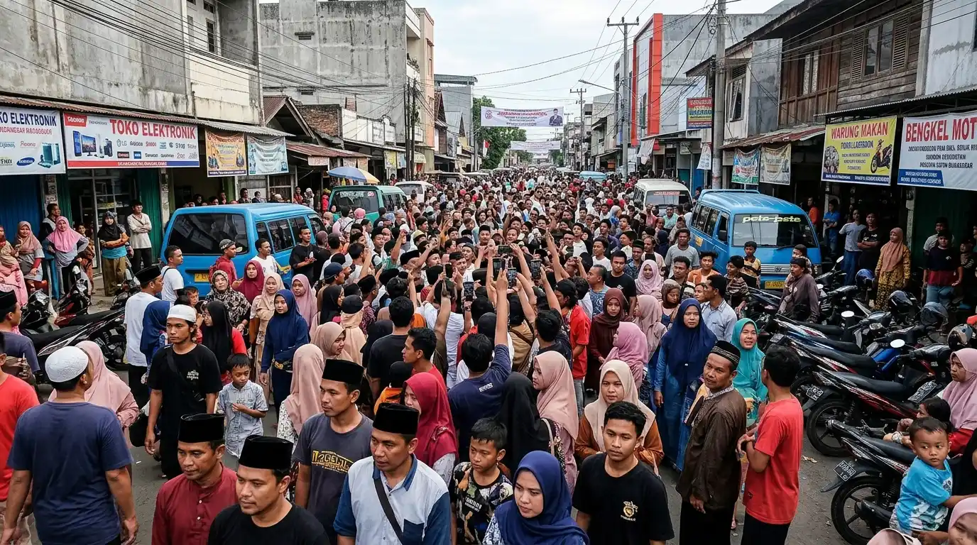 Ilustrasi aktivitas warga dan kerumunan di area jalan lingkungan perkotaan. (Foto Ilustrasi/AI Generated)