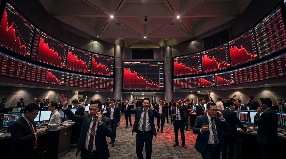 Suasana di lantai bursa dengan layar pergerakan saham yang menunjukkan tren merah merosot tajam, menggambarkan tekanan psikologis dan kepanikan investor di pasar keuangan akibat bayang-bayang ancaman reklasifikasi MSCI. (SC: AI-Generated / Dok. Ilustrasi)