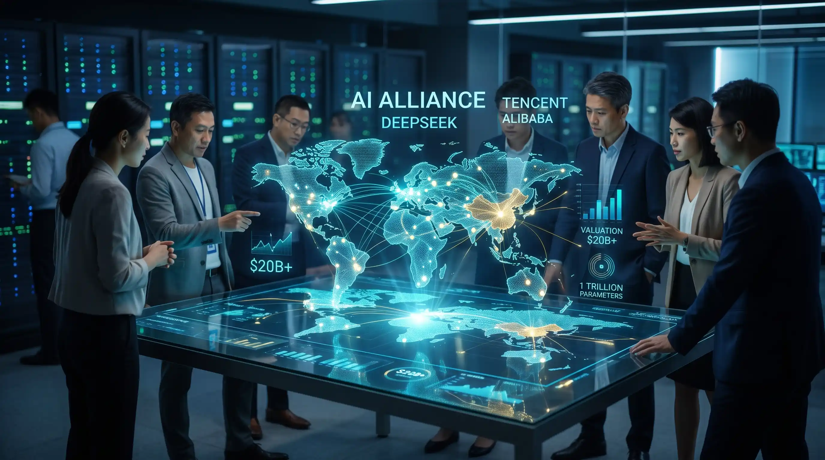 Para eksekutif teknologi mengamati visualisasi jaringan aliansi AI DeepSeek, Tencent, dan Alibaba di atas meja hologram pusat data.