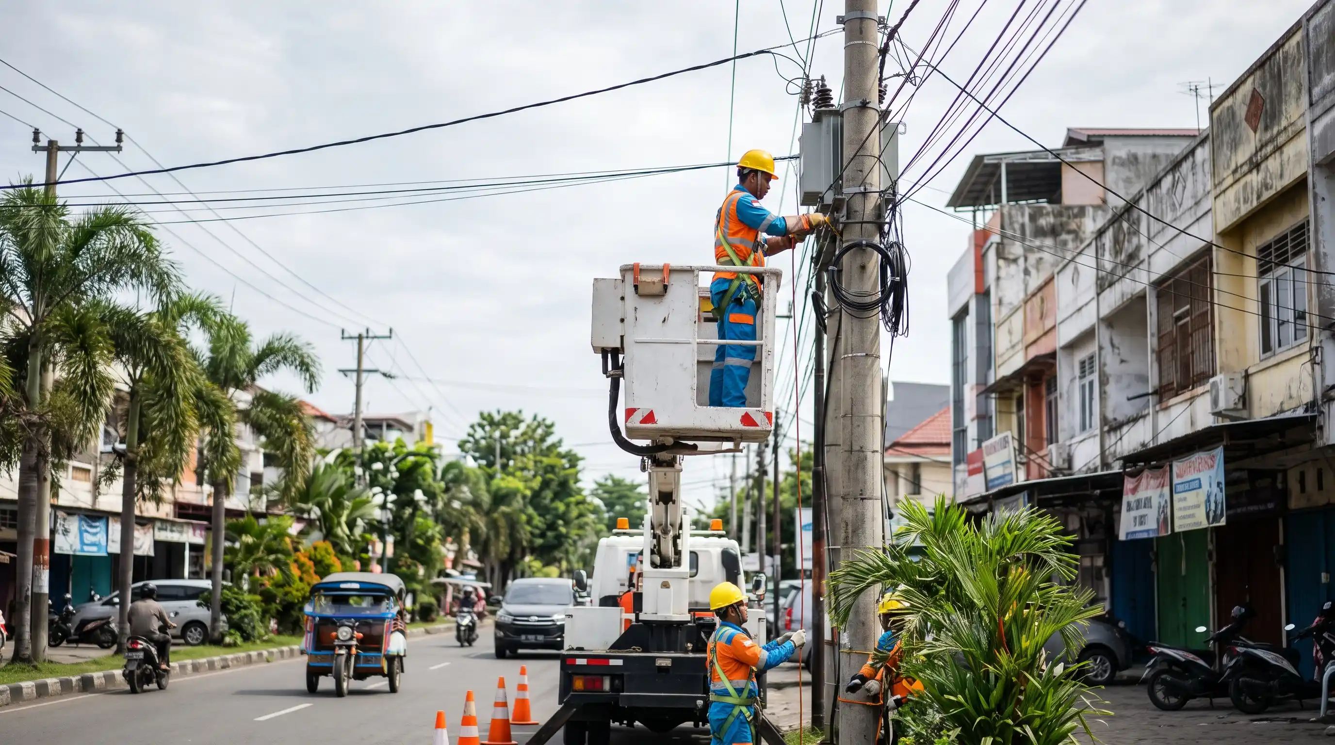 Petugas PLN ULP Panakkukang melakukan pemeliharaan jaringan listrik di ruas jalan Kota Makassar, Sulawesi Selatan.