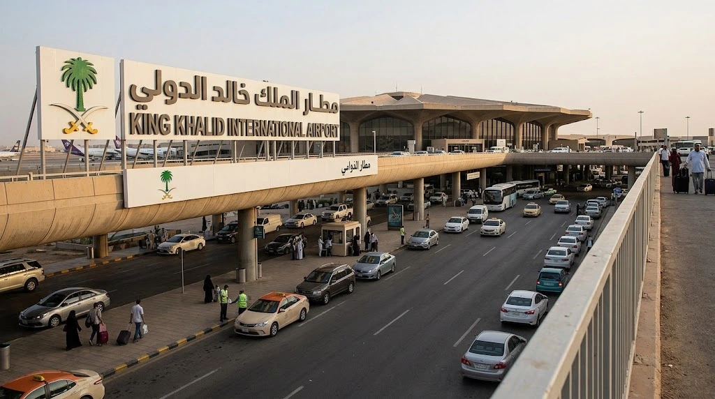 Kondisi Lalu Lintas dan Fasilitas di Luar Area Bandara Internasional King Khalid di Riyadh, Arab Saudi. Aktivitas dan operasional penerbangan di wilayah Arab Saudi kini dalam pengawasan ketat serta penyesuaian jadwal imbas meningkatnya eskalasi keamanan di kawasan tersebut. Foto / Ilustrasi: Generative AI / Klikindex
